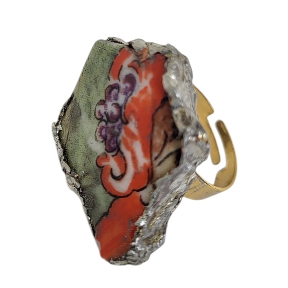 Hand Crafted Jewelry - 18K Porcelain Gold Half Womens Profile Broken Pottery Ring